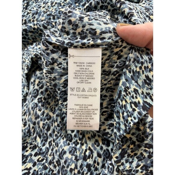 Equipment Shirt Dress Blue Animal Leopard Print 8 Silk Long Sleeve Drawstring - Picture 7 of 8